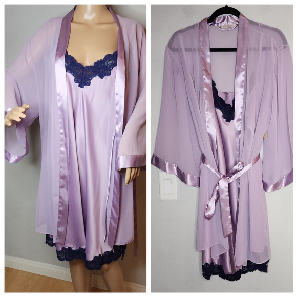 NWT Valerie Stevens 2 Piece Purple Chiffon Robe And Satin Nightgown Size L/XL - Picture 1 of 16